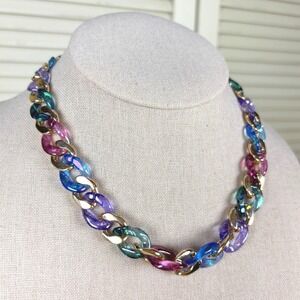 Boutique Chunky Iridescent Multicolor Resin & Gold Link Statement Necklace Y2K